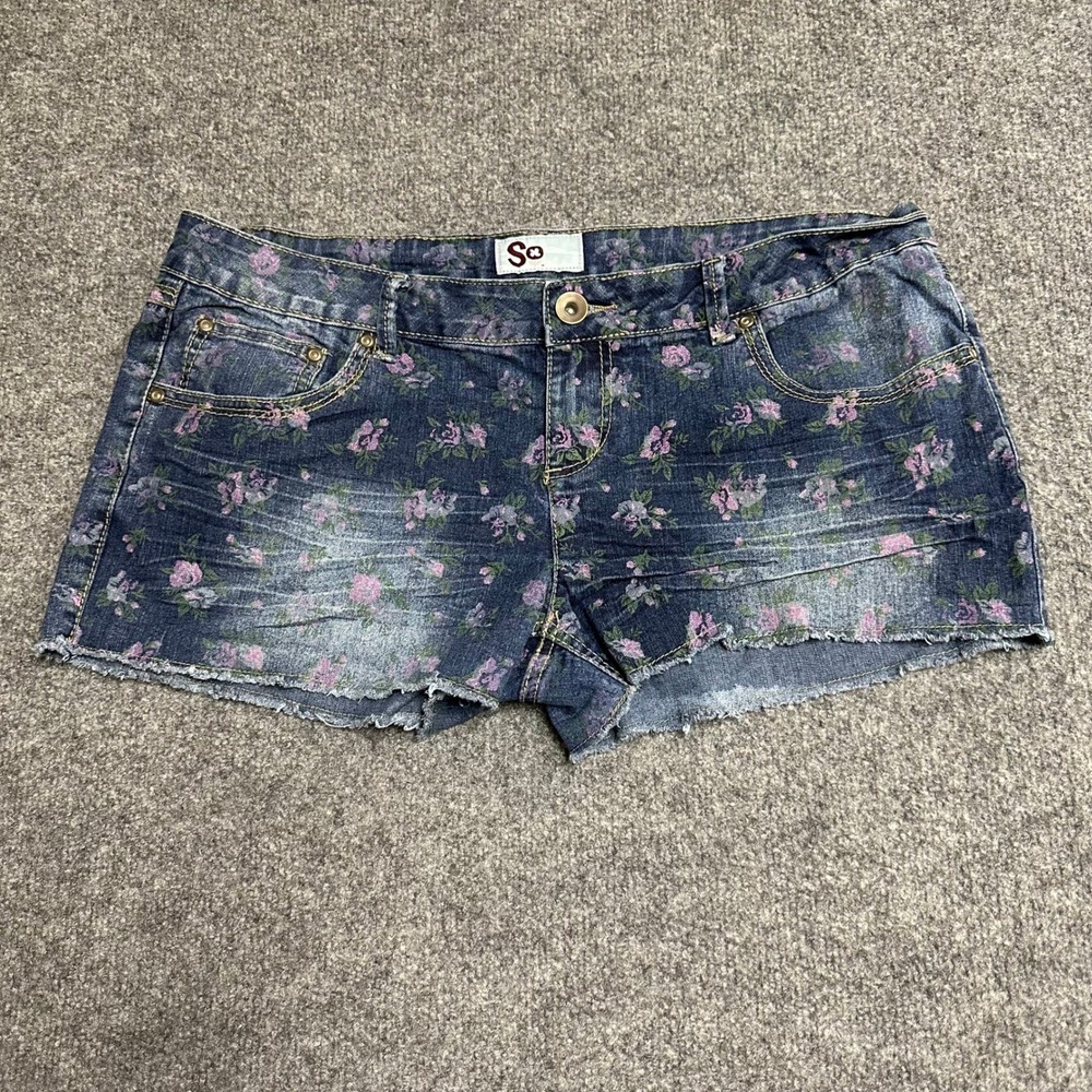 SO Denim Shorts Womens Size 17 Blue Floral Print Raw Hem Low Rise Cut Offs
